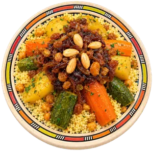 Couscous aux légumes et à la tfaya, oignons confits, raisins secs et amandes — Le Pavé, Guéliz Marrakech