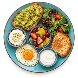 Petit-déjeuner Idéal : tartine d'avocat, fromage blanc, œuf au plat, salade de fruits et yaourt — Le Pavé, Guéliz Marrakech